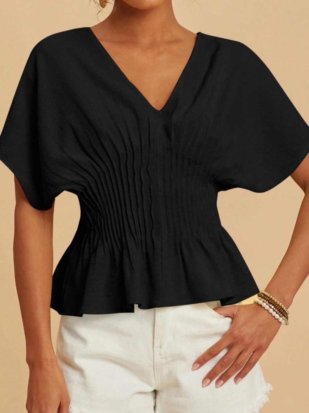 Black Casual Women's Cinched Waist Batwing Sleeve Top - Picture 4 of 6